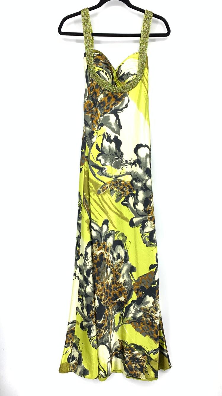 Vintage Y2K Lime Floral Satin Beaded Straps Formal Gown Women Size XS/S